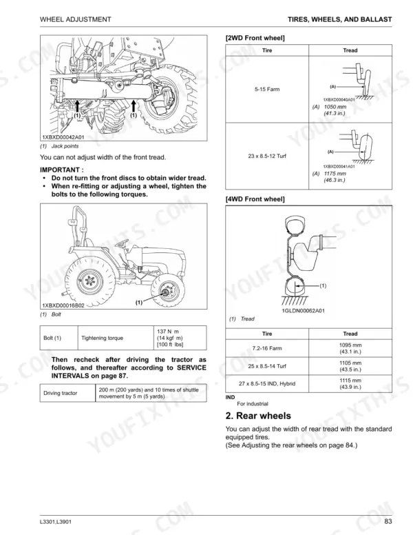 Kubota L3301, L3901 front wheel tread adjustment diagrams, torque specifications, and jack point locations.