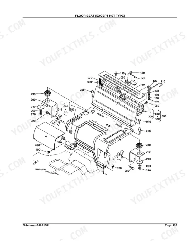 Kubota L3410DT, L3410GST, L3410HST exploded view diagram of the floor seat assembly for non-HST tractor models.