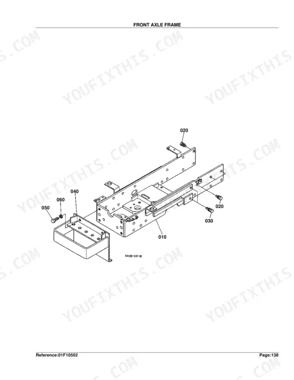 Kubota L3410DT, L3410GST, L3410HST exploded view diagram of the front axle frame and mounting hardware components.