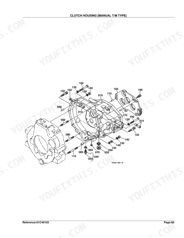 Kubota L3410DT, L3410GST, L3410HST exploded view diagram of the manual transmission type clutch housing assembly.