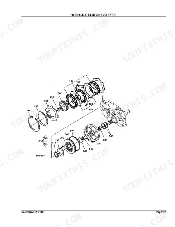 Kubota L3410DT, L3410GST, L3410HST exploded view diagram of the GST type hydraulic clutch assembly components.