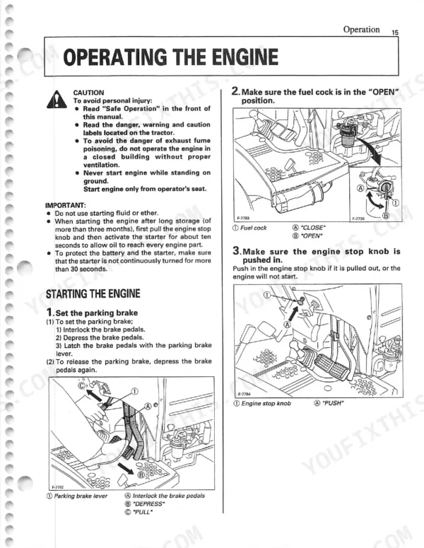 Kubota L35 engine starting procedure, fuel cock operation, and parking brake engagement instructions with diagrams.