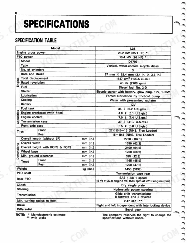Kubota L35 tractor specification table listing engine, capacity, dimensions, and transmission technical data.