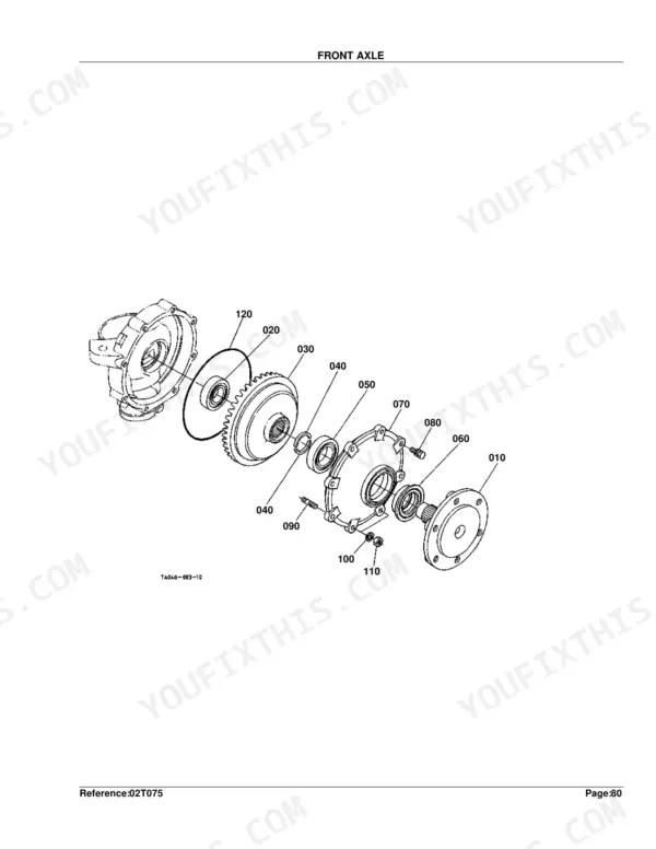 Kubota L35 front axle exploded view diagram showing gear, bearing, and housing assembly components with reference numbers.
