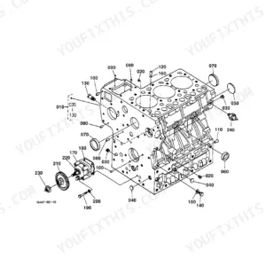 Kubota L35 crankcase exploded view diagram showing engine block, oil pump, and numbered component parts.