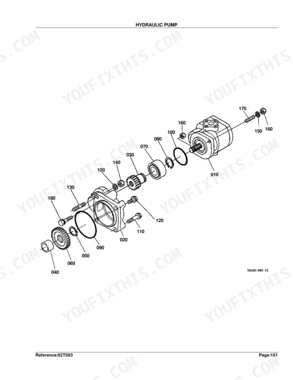 Kubota L35 hydraulic pump exploded view diagram showing gears, bearings, O-rings, and housing assembly components.