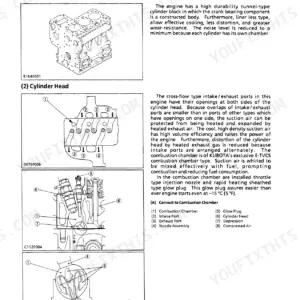 Kubota L35 engine body diagrams showing cylinder block, cylinder head, intake/exhaust ports, and E-TVCS combustion chamber.
