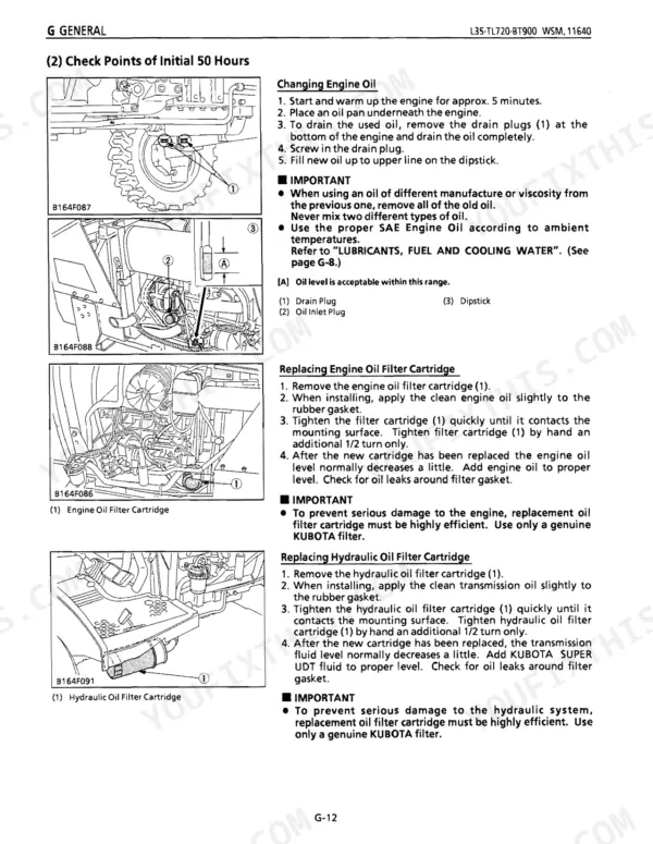 Kubota L35 service manual procedures for changing engine oil and replacing engine and hydraulic oil filter cartridges.