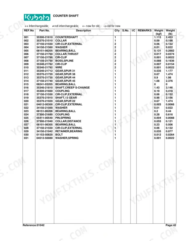 Kubota L355SS parts list table for counter shaft components, including gears, bearings, collars, and cir-clips.