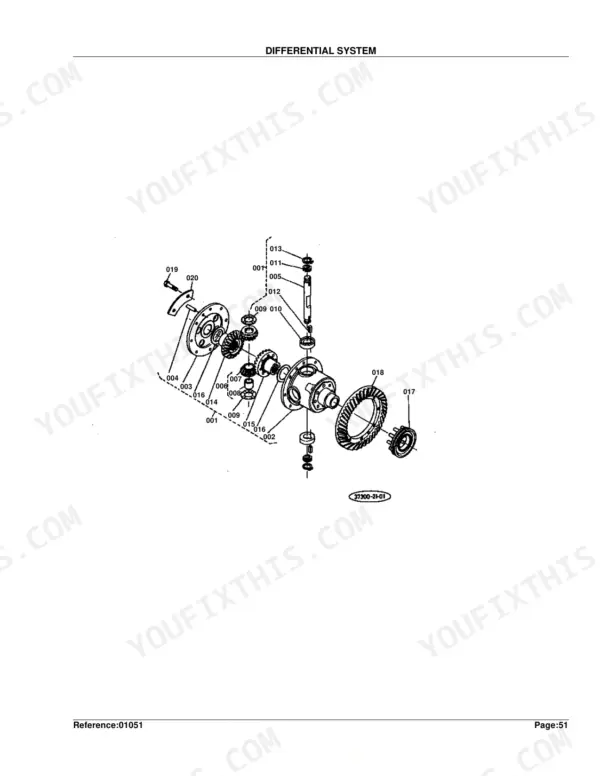 Kubota L355SS differential system exploded view showing gear assembly, housing, and numbered component parts.