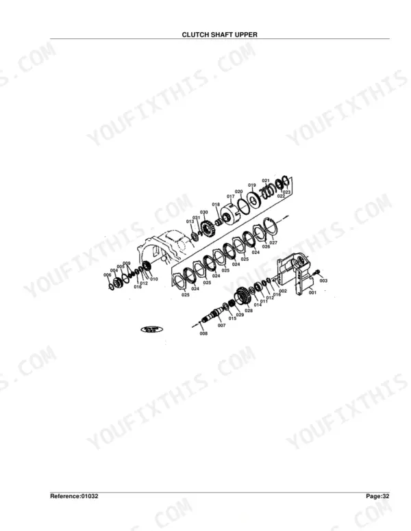 Kubota L355SS exploded view diagram of the upper clutch shaft assembly with numbered components.