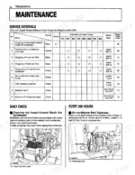 Kubota L3710, L4310, L4610 maintenance table for air conditioner service intervals and belt tension adjustment procedures.
