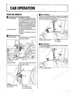 Kubota L3710, L4310, L4610 cab operation manual showing door locking, unlocking, and window opening procedures.