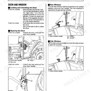 Kubota L3710, L4310, L4610 cab operation manual showing door locking, unlocking, and window opening procedures.