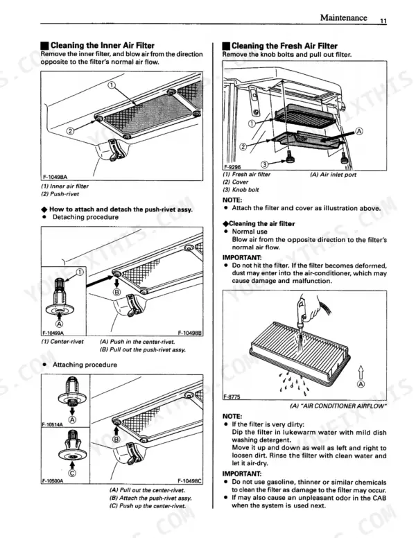 Kubota L3710, L4310, L4610 maintenance manual: cleaning inner and fresh air filters and push-rivet removal procedures.
