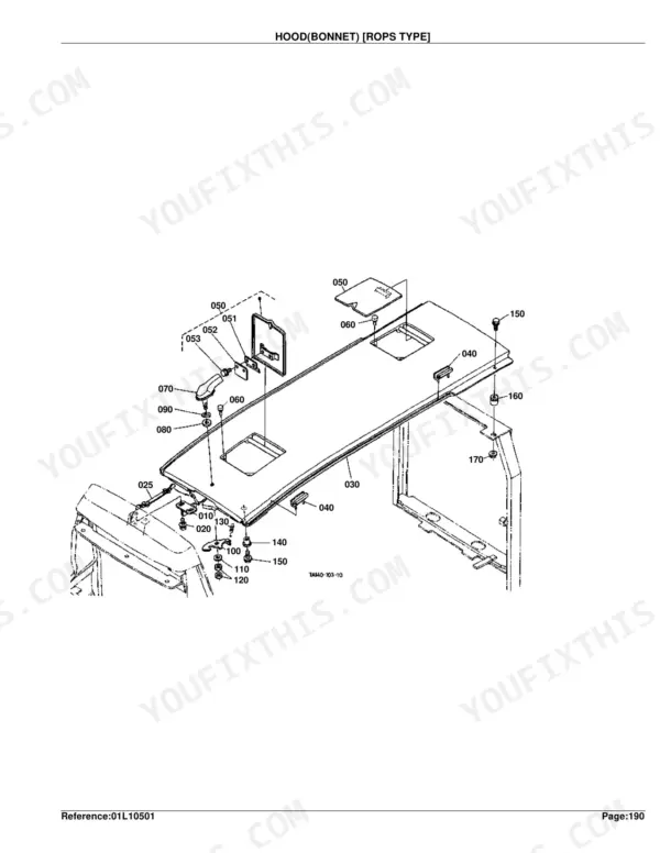 Kubota L3710DT, L3710GST, L3710HST exploded view diagram of the ROPS type hood bonnet assembly and mounting components.