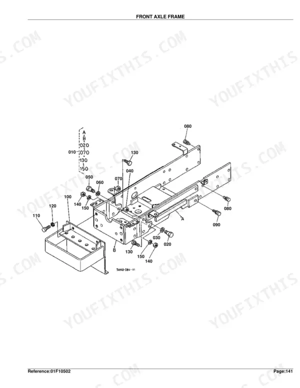 Kubota L3710DT, L3710GST, L3710HST exploded view diagram of the front axle frame and mounting hardware components.