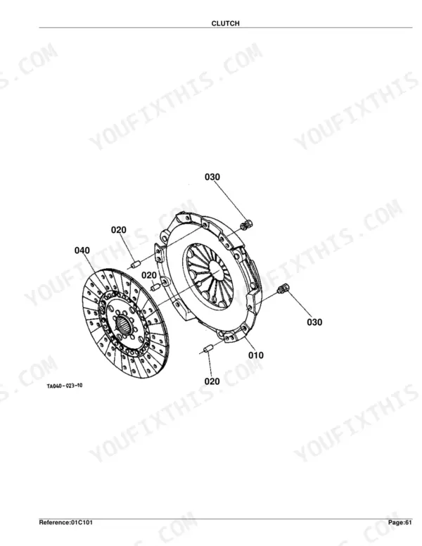 Kubota L3710DT, L3710GST, L3710HST exploded view diagram of the clutch assembly, including clutch disc and pressure plate.