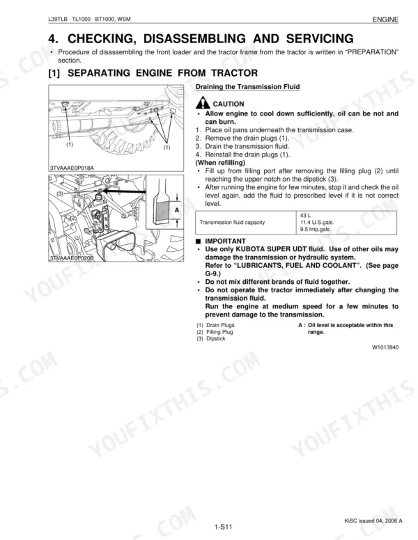 Kubota L39, TL1000, BT1000 service manual page showing transmission fluid draining, filling procedures, and capacity table.