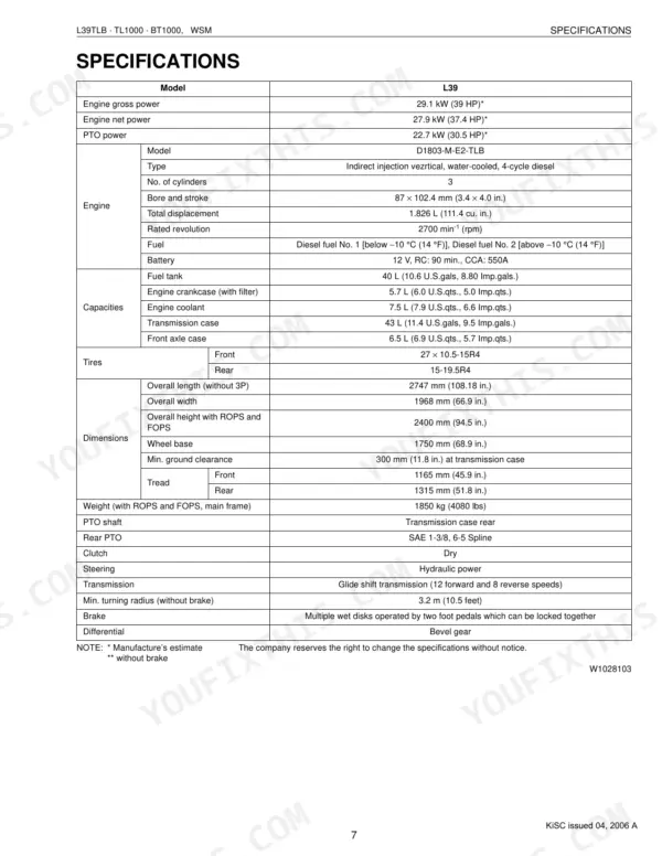 Kubota L39, TL1000, BT1000 technical specifications table including engine, capacities, dimensions, and performance data.