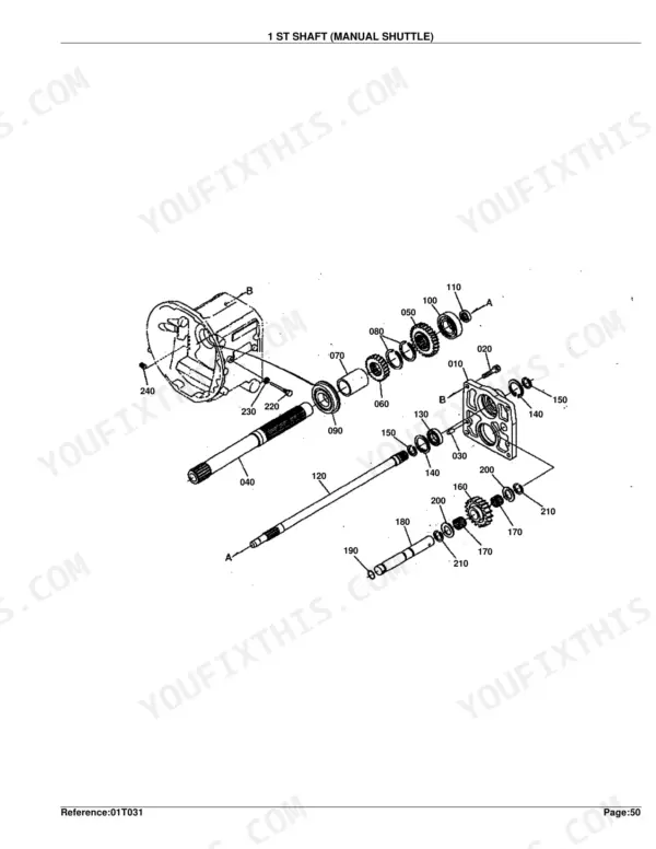 Kubota L4150DT exploded view diagram of the 1st shaft manual shuttle transmission assembly components.