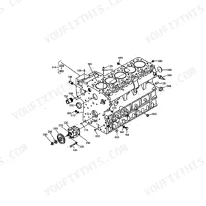 Kubota L4150DT crankcase exploded view diagram showing engine block, oil pump, and associated hardware components.