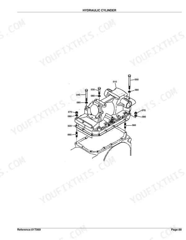 Kubota L4150DT exploded view diagram of the hydraulic cylinder assembly, showing housing, bolts, studs, and nuts.