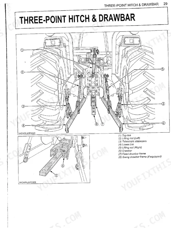 Kubota L4400 three-point hitch and drawbar diagram showing top link, lifting rods, stabilizers, and drawbar components.