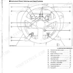 Kubota L4400 instrument panel and controls diagram showing gauges, switches, and indicator lamps with numbered key.