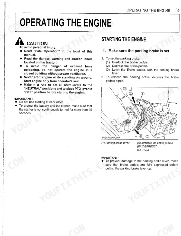Kubota L4400 operating the engine manual page showing parking brake lever operation and safety precautions.