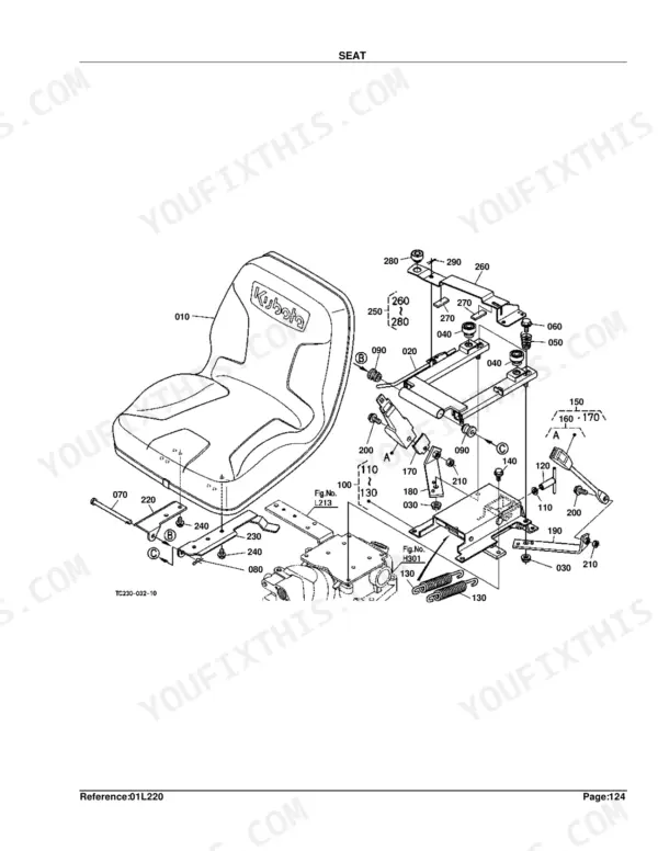 Kubota L4400DT exploded view diagram of the operator seat assembly, including mounting brackets, springs, and seat belt.