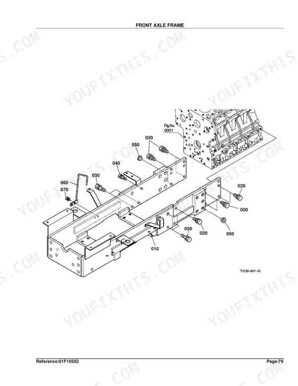 Kubota L4400DT exploded view diagram of the front axle frame assembly, showing mounting bolts and hardware components.