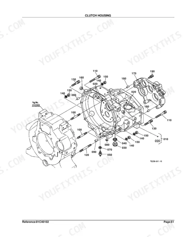 Kubota L4400DT exploded view diagram of the clutch housing assembly with numbered components and fasteners.
