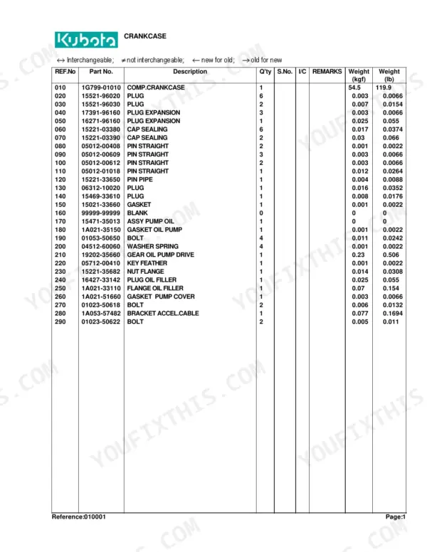 Kubota L4400DT crankcase parts list table with reference numbers, part numbers, descriptions, and weights.