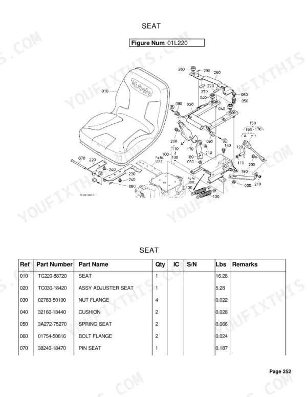 Kubota L4400H exploded view diagram and parts list for the tractor seat assembly and adjustment components.