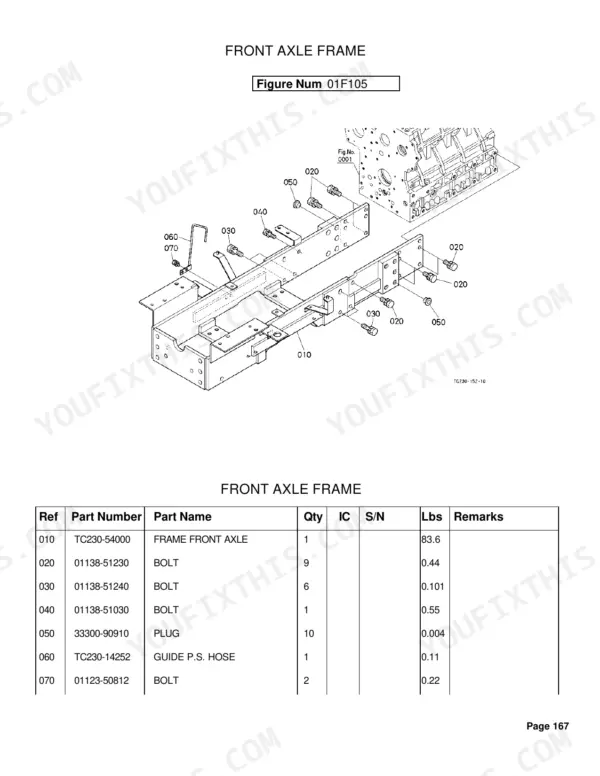 Kubota L4400H exploded view diagram and parts list for the front axle frame assembly, including bolts and hose guides.