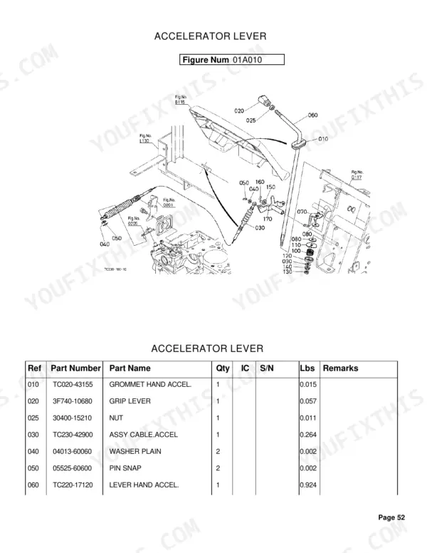 Kubota L4400H exploded view diagram and parts list for the accelerator lever assembly and hand throttle components.