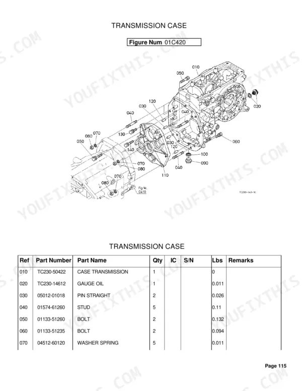 Kubota L4400H transmission case exploded view diagram and parts list with reference numbers and part names.