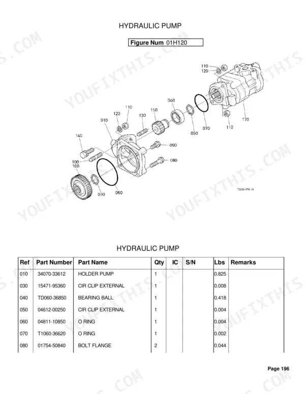 Kubota L4400H hydraulic pump exploded view diagram and parts list with reference numbers for pump holder and bearings.