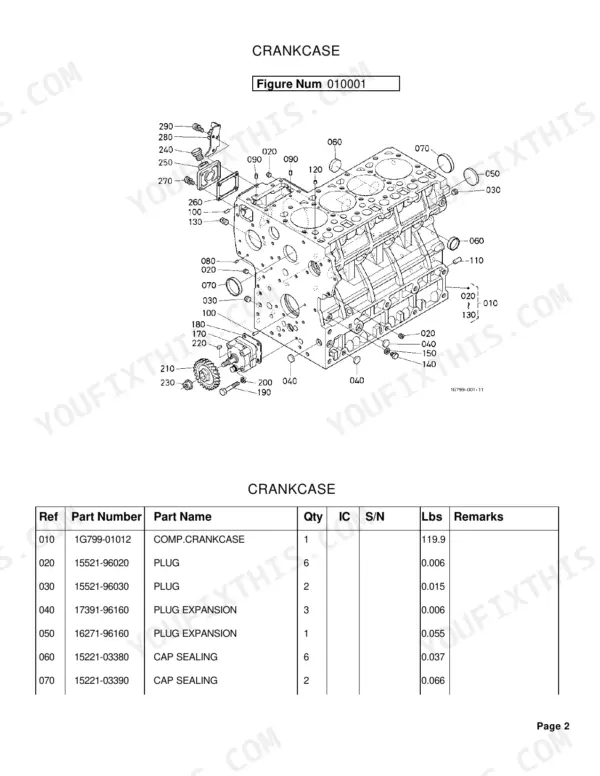 Kubota L4400H crankcase exploded view diagram and parts list with reference numbers for engine block components.