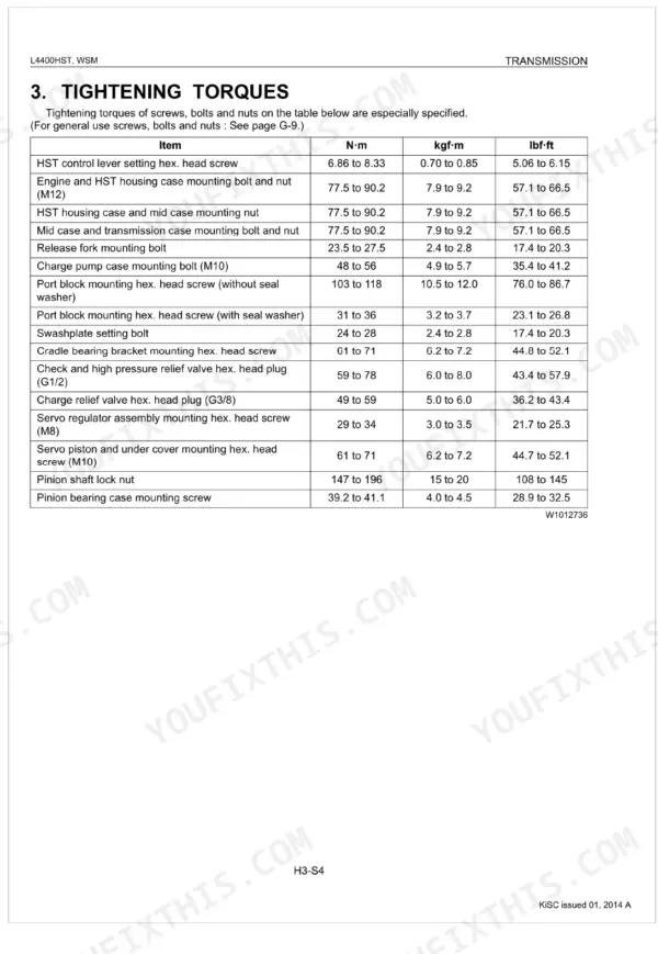 Kubota L4400HST transmission tightening torque specifications table for HST housing, charge pump, and pinion shaft components.