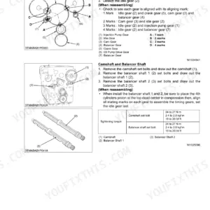 Kubota L45, TL1000A, BT1000A engine timing gear, camshaft, and balancer shaft removal and torque specifications.