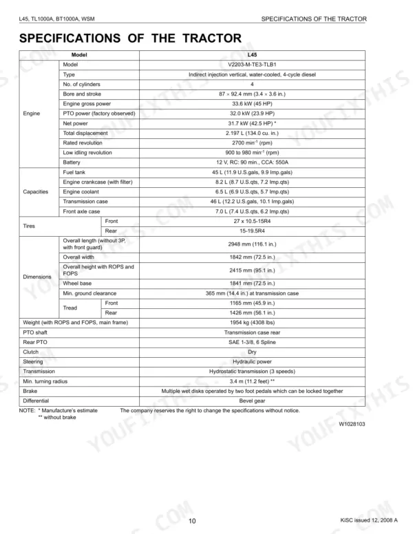 Kubota L45, TL1000A, BT1000A tractor specifications table including engine, capacities, dimensions, and drivetrain data.