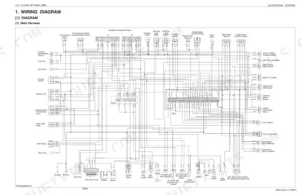 Kubota L45, TL1000A, BT1000A main harness wiring diagram showing ECU, fuse box, sensors, and electrical components.