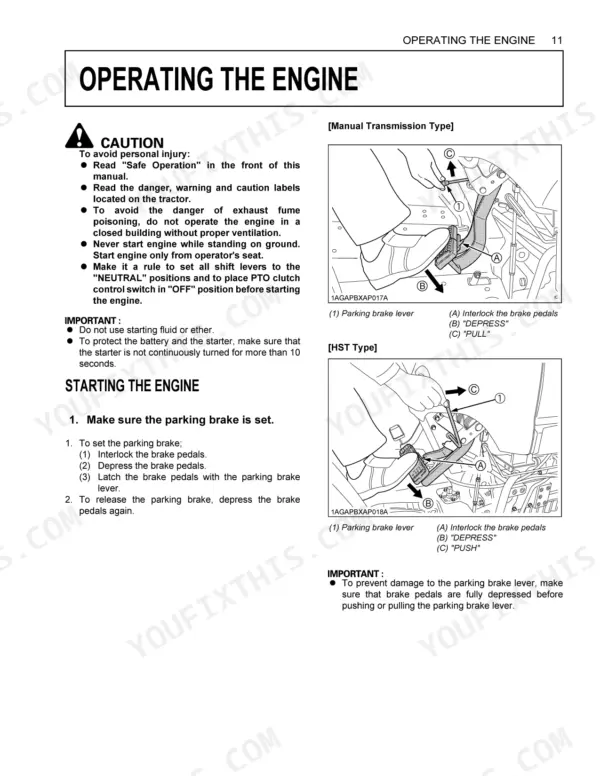 Kubota L4600 engine starting procedure, parking brake operation diagrams for manual transmission and HST models.
