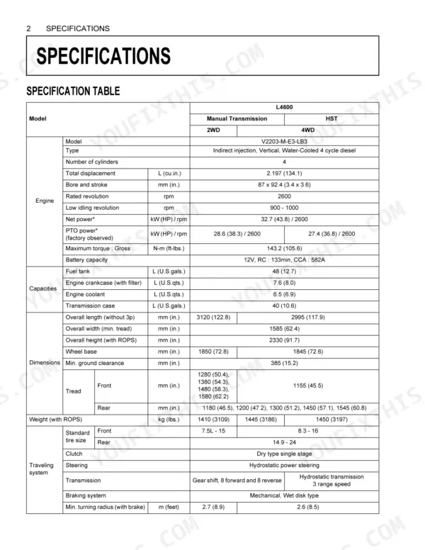 Kubota L4600 tractor specifications table including engine, capacities, dimensions, weight, and traveling system data.