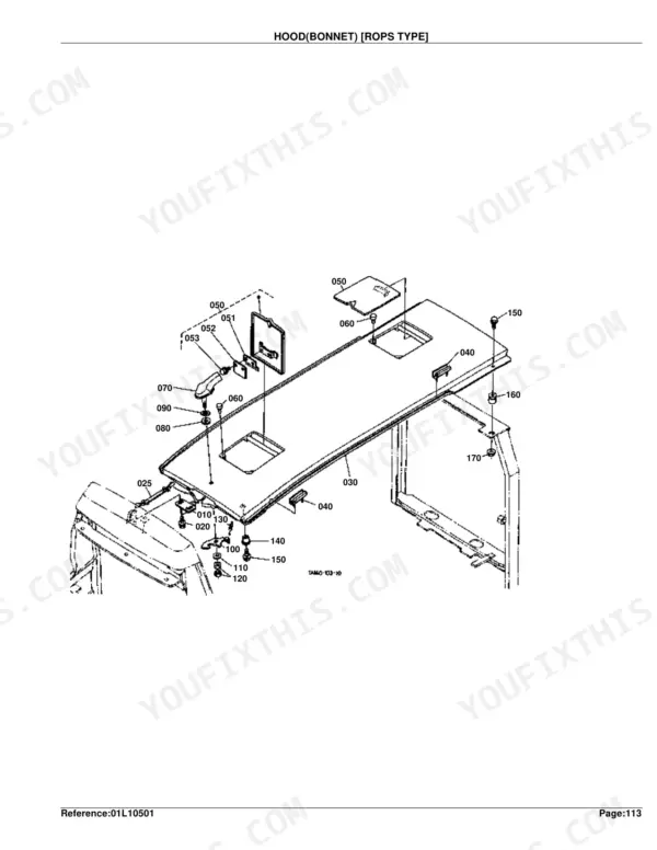 Kubota L4610DT-HST exploded view diagram of the ROPS type hood bonnet assembly and mounting components.