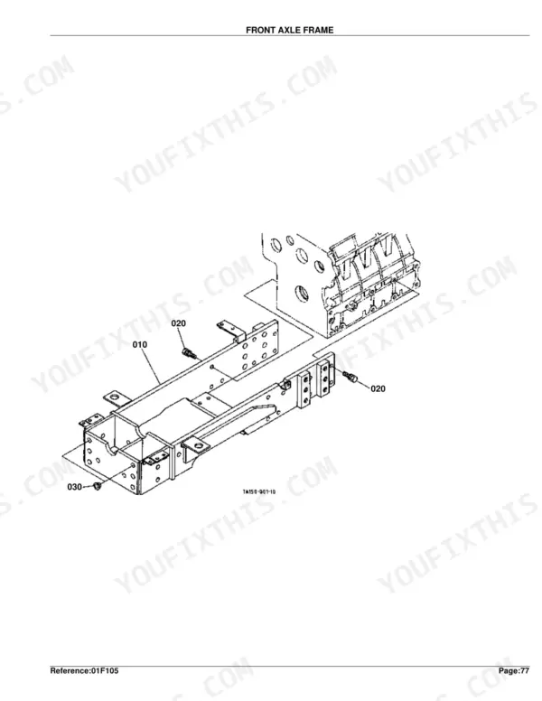 Kubota L4610DT-HST exploded view diagram of the front axle frame assembly with numbered hardware components.