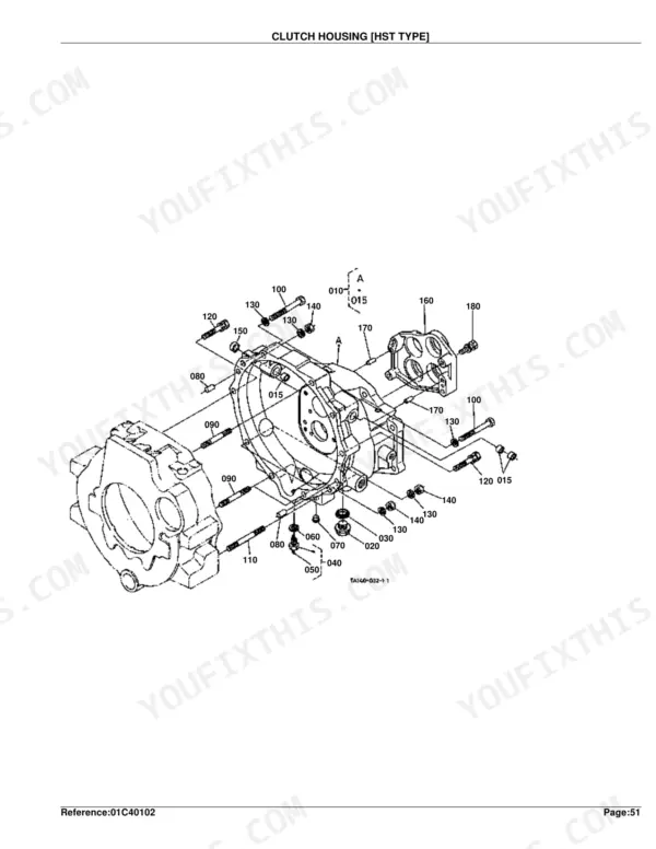 Kubota L4610DT-HST exploded view diagram of the HST type clutch housing assembly with numbered parts.