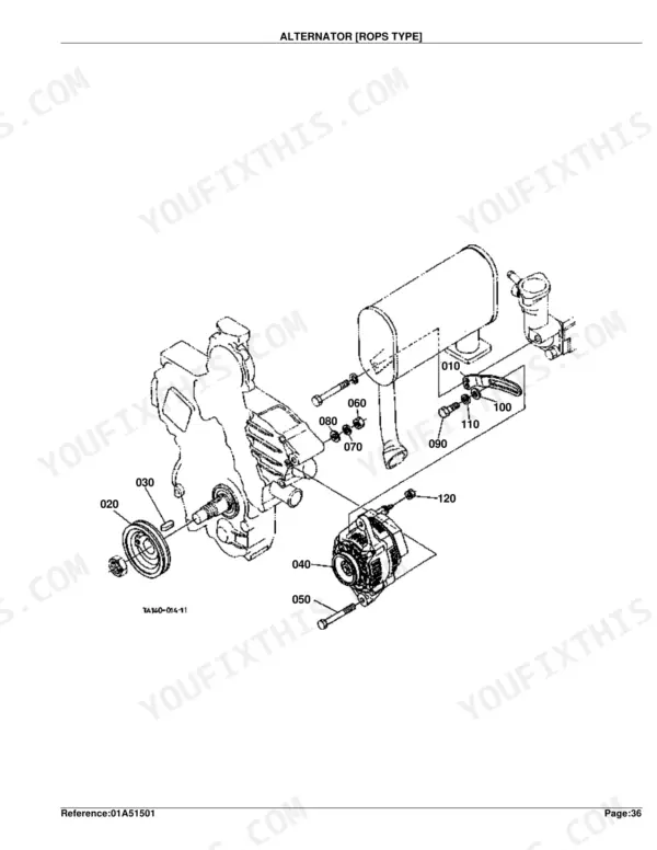 Kubota L4610DT-HST exploded view diagram of ROPS type alternator, pulley, and mounting hardware components.